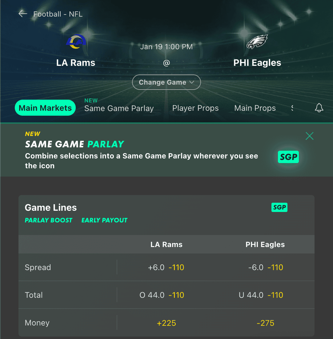 LA Rams vs. Philadelphia Eagles NFL Divisional Round line from Bet365.
